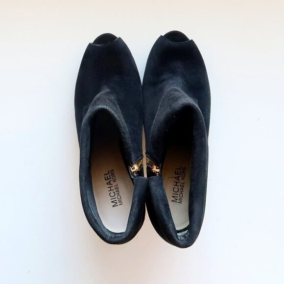 Michael Kors Black Suede Leather Peep Toe Gold Heel Ankle Boots / Booties Sz. 10 - Picture 4 of 16